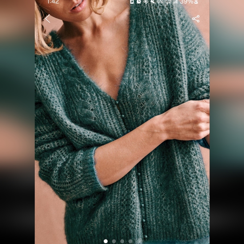 Sezane Susanna Kid Mohair/ Wool Green Fancy Knit Cardigan